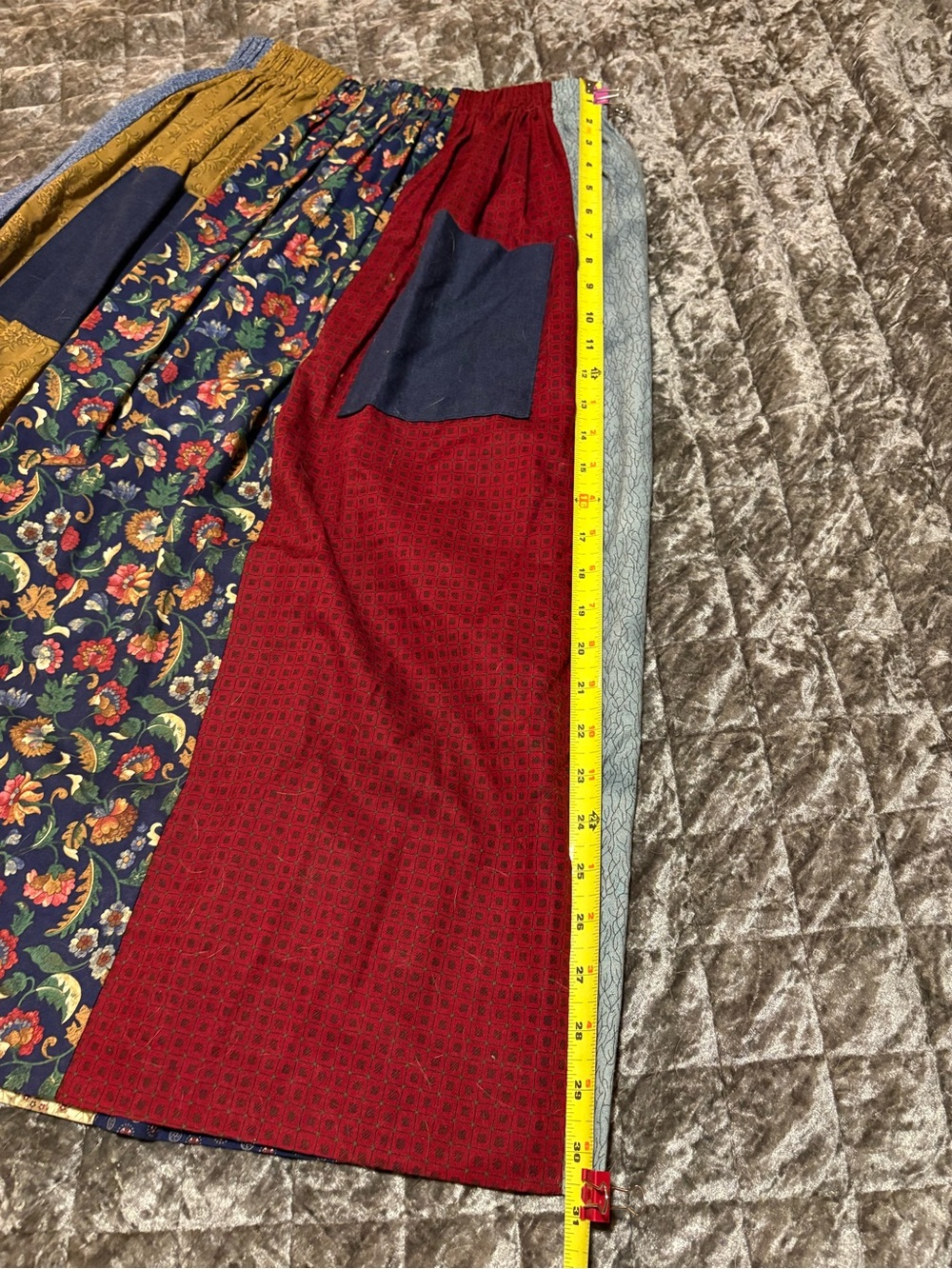 New Handmade Patchwork Maxi Skirt in Mustard, Navy & Red 13↔️30↕️ #1377 - Picture 4 of 7